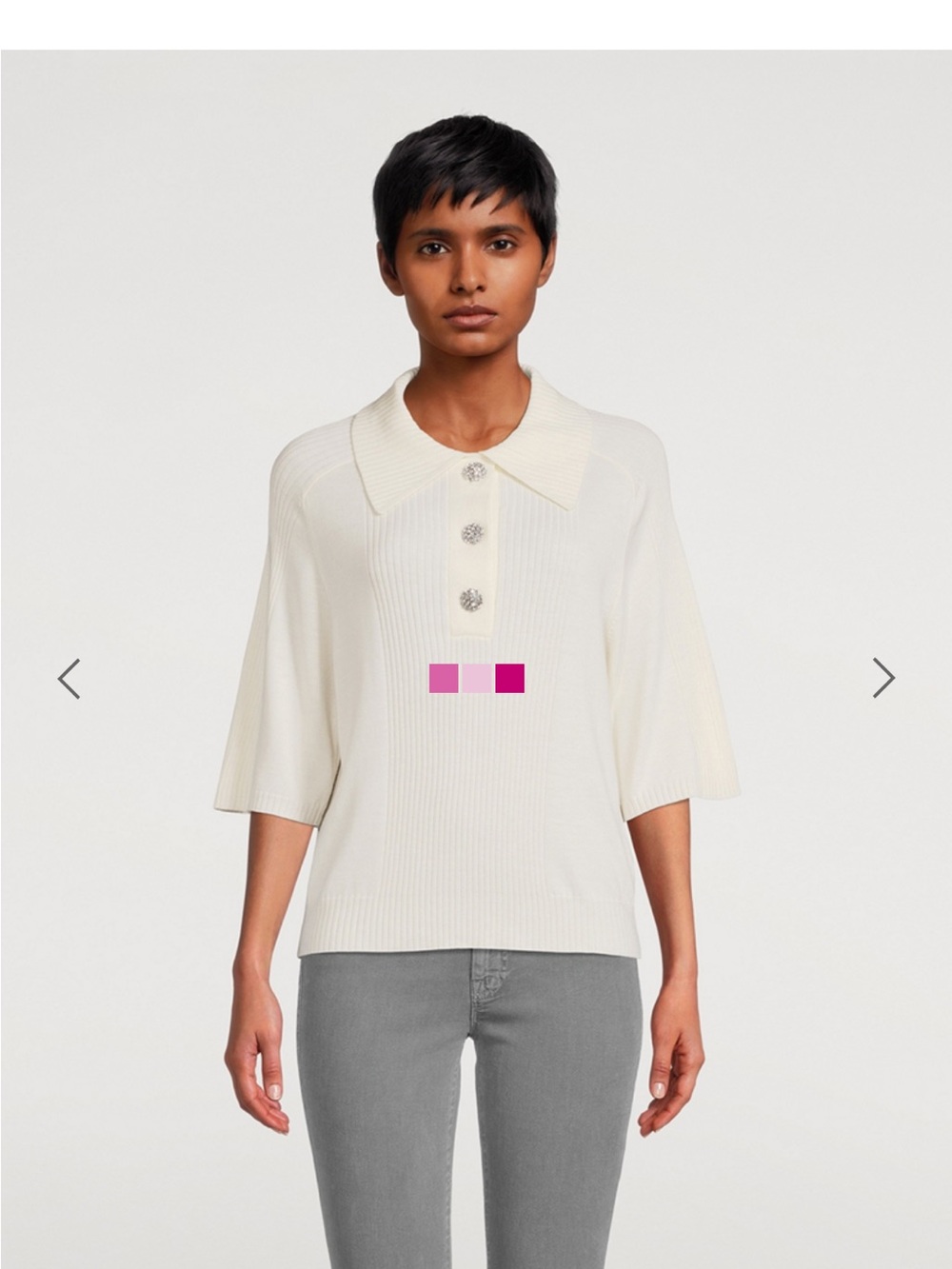ba&sh Cream Ribbed Polo Sweater with Rhinestone Buttons - Picture 3 of 9